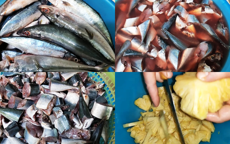 alt text: Cá nục được làm sạch, bỏ mang, ruột và cắt khúc