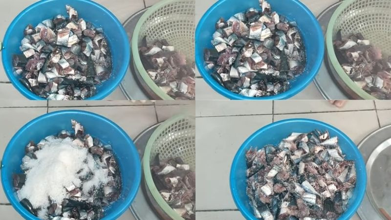 alt text: Cá nục được ướp muối trong thau