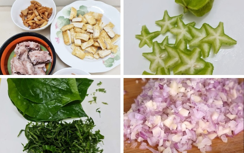 alt text: Các nguyên liệu được sơ chế sẵn sàng cho món bún ốc sườn