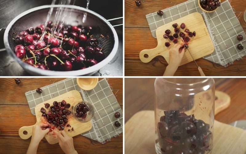 alt text: Cherry sau khi được rửa sạch, bỏ cuống và tách hạt