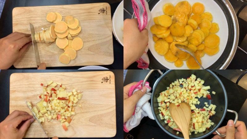 alt text: Khoai lang sau khi gọt vỏ, rửa sạch, cắt miếng và hấp chín.