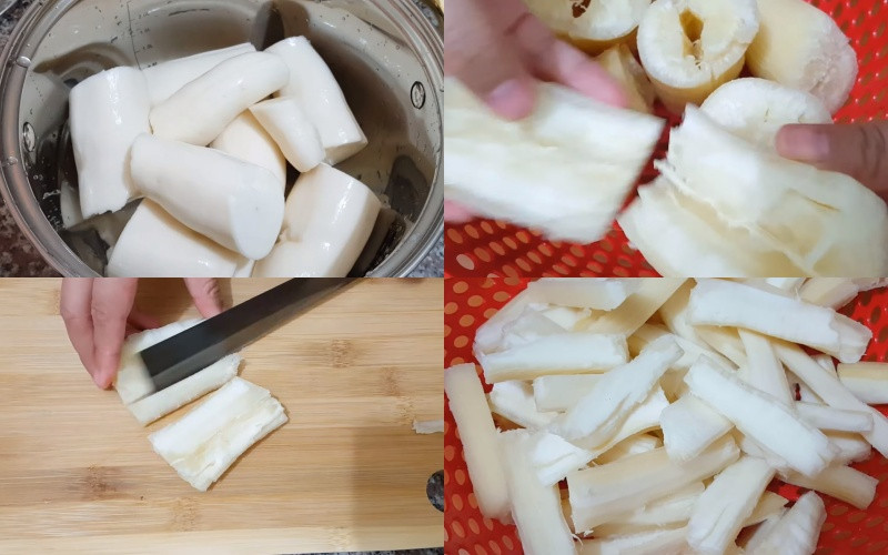 alt text: Khoai mì đã gọt vỏ, cắt khúc, sẵn sàng để chế biến.