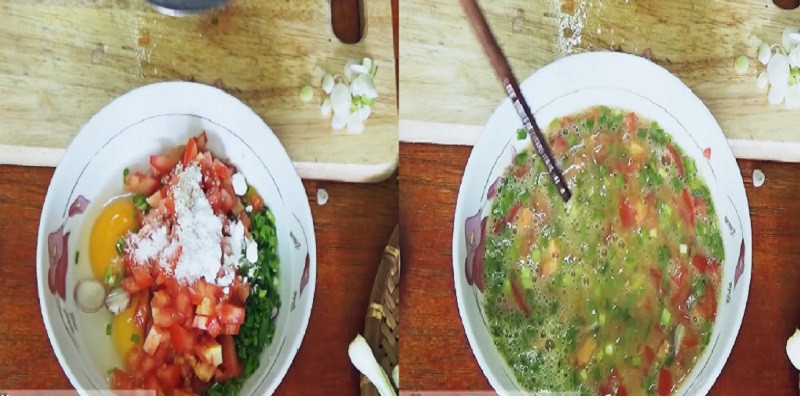 alt text: Nguyên liệu chuẩn bị cho món trứng chiên cà chua bao gồm trứng gà tươi, cà chua chín mọng, hành lá và hành tím.