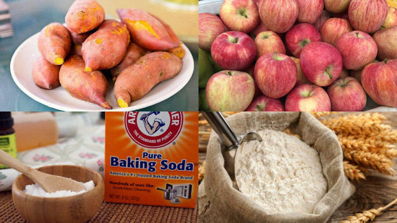 alt text: Nguyên liệu làm bánh khoai lang nhân táo bao gồm khoai lang, táo, bột mì, baking soda, đường, dầu ăn, muối.