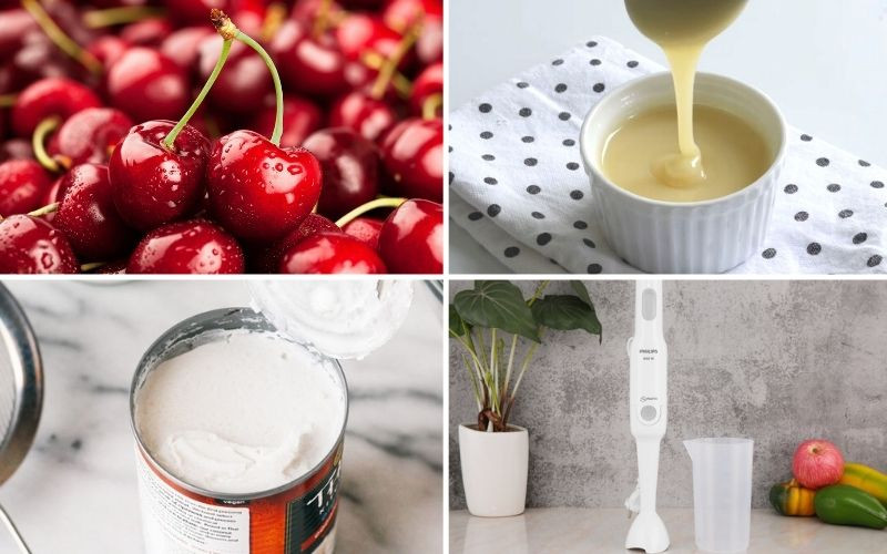 alt text: Nguyên liệu làm kem cherry bao gồm cherry tươi, sữa đặc và cream dừa