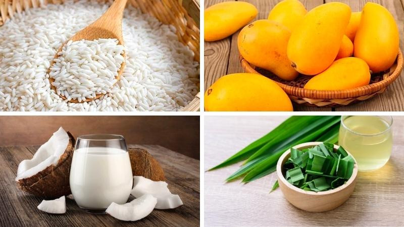 alt text: Nguyên liệu làm xôi xoài bằng nồi cơm điện