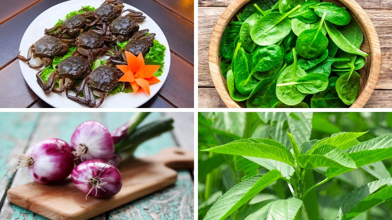 alt text: Nguyên liệu nấu canh cua mồng tơi gồm cua đồng, rau mồng tơi, rau đay, hành tím và gia vị.