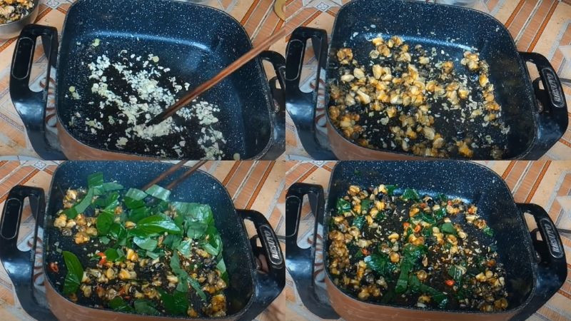 alt text: Ốc bươu xào lá lốt đang được xào trên bếp