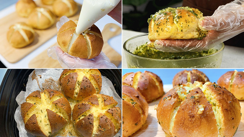 Bánh mì bơ tỏi phô mai đang được nướng trong nồi chiên không dầu