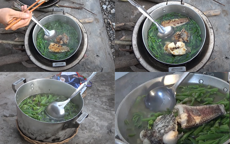 Canh rau ngổ cá lóc đồng đang sôi trên bếp