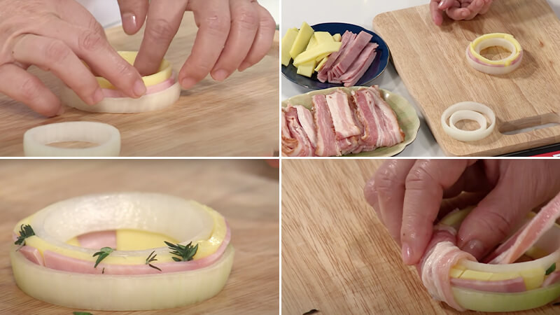 Cuộn bacon với hành tây và phô mai