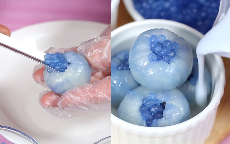 Hoàn thiện món sữa chua vải hoa đậu biếc