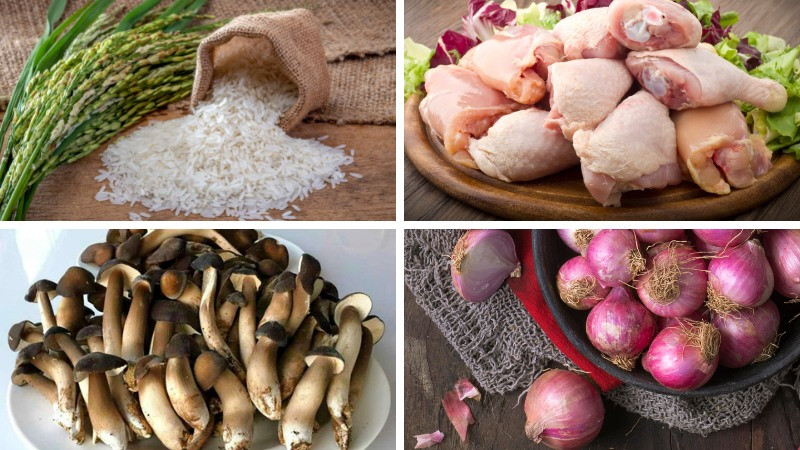 Nguyên liệu chuẩn bị nấu cháo gà nấm mối