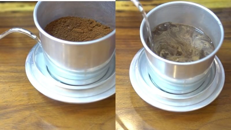 Đổ nước sôi vào đáy phin và trong phin