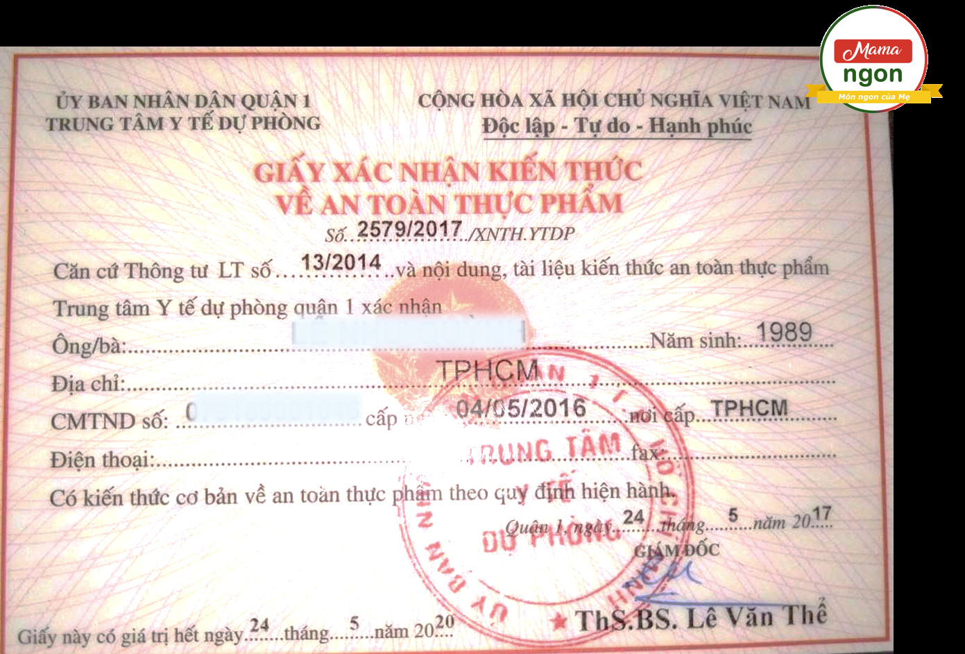 Giấy chứng nhận an toàn thực phẩm của Mama tại nền tảng MamaNgon