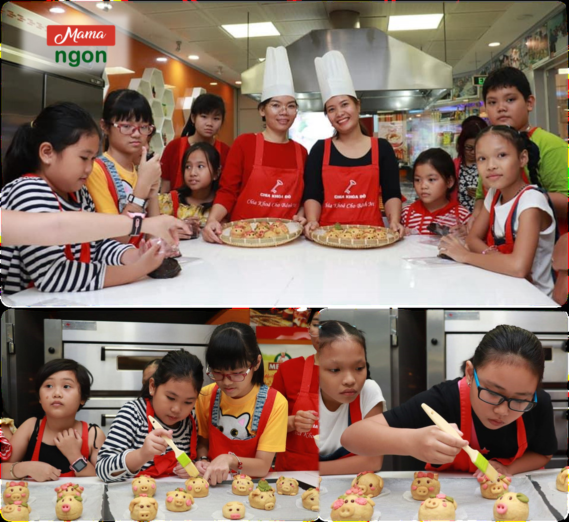 Trẻ em chăm chú làm bánh theo hướng dẫn của mẹ